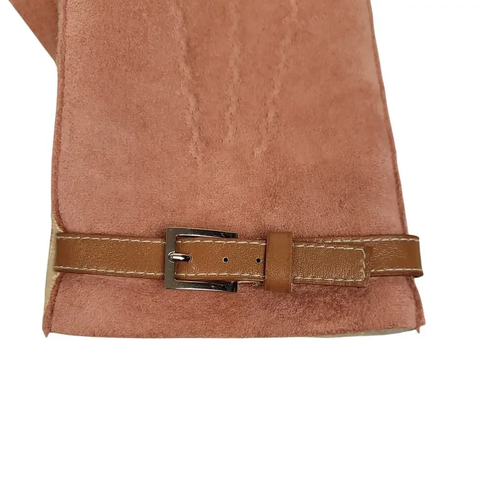 Talbots Womens Faux Suede Driving Gloves Sz S/M Sherpa Lined Belted Pink